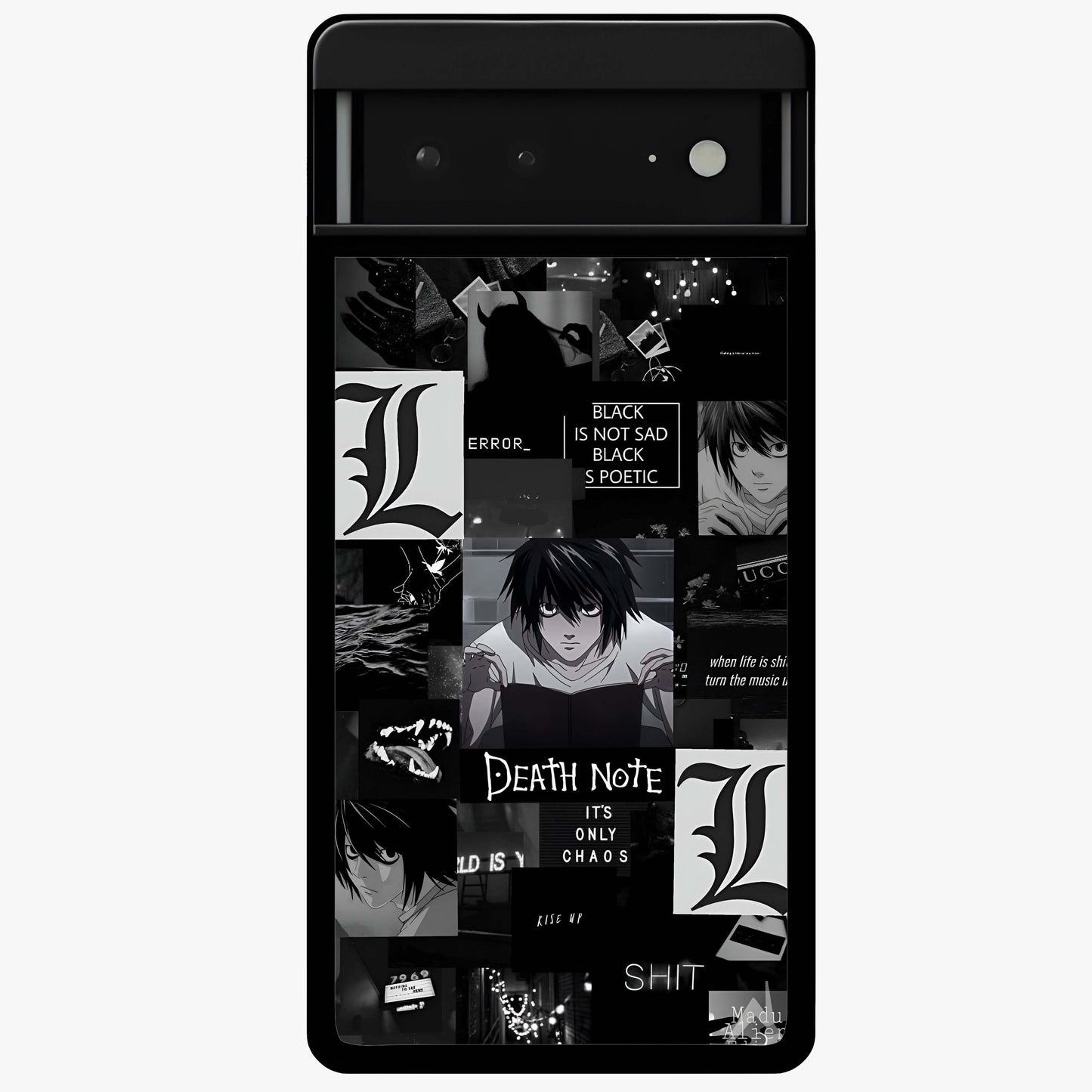 Midnight Chaos Mind Glass Case showing flat back view with abstract dark themed artwork and glossy glass finish.