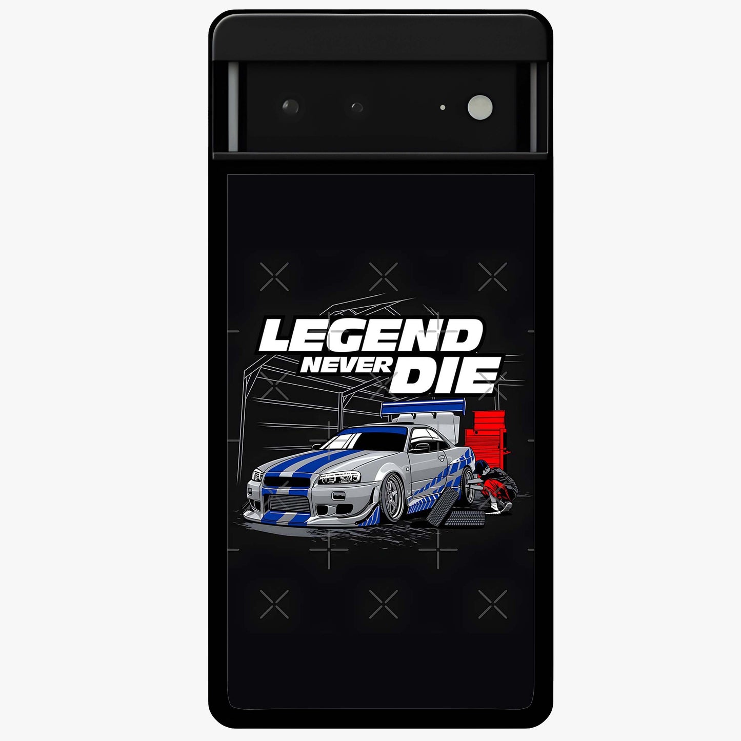 Midnight Racing Legacy Glass Case showing flat back view with sleek racing inspired artwork and glossy glass finish.