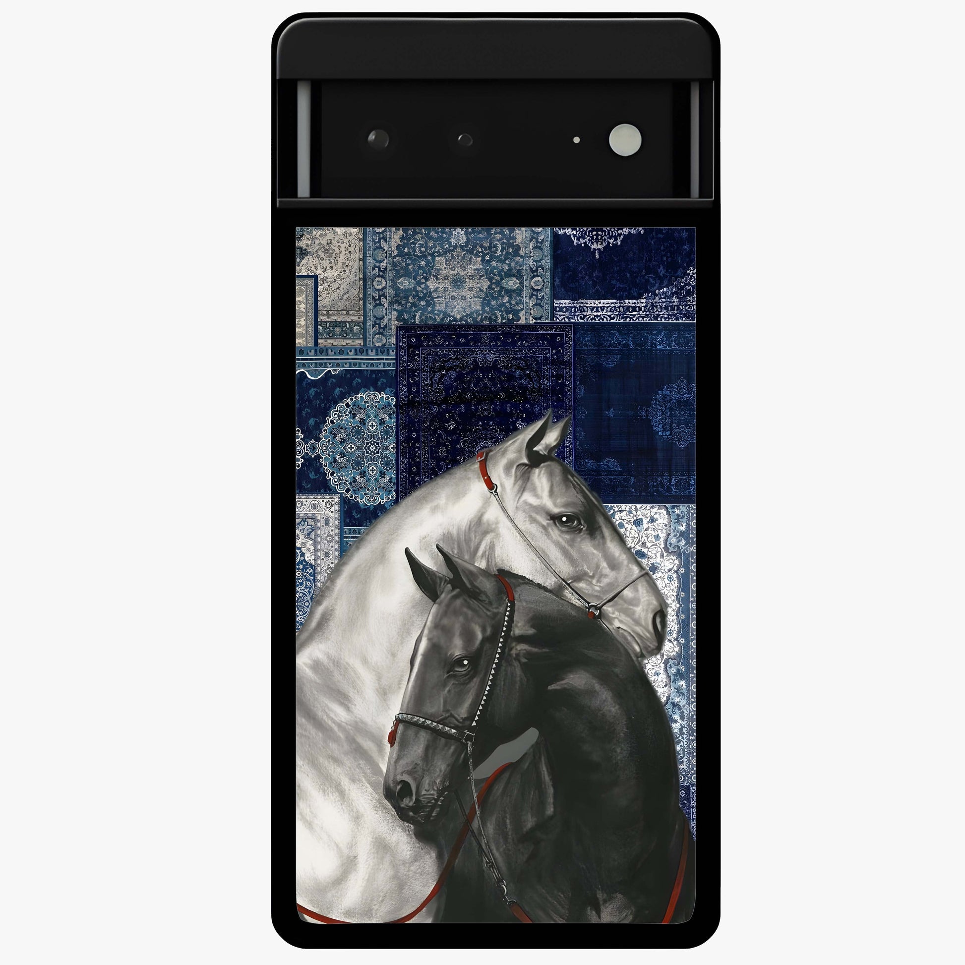 Midnight Stallion Blues Glass Case showing flat back view with majestic horse artwork and glossy glass finish.