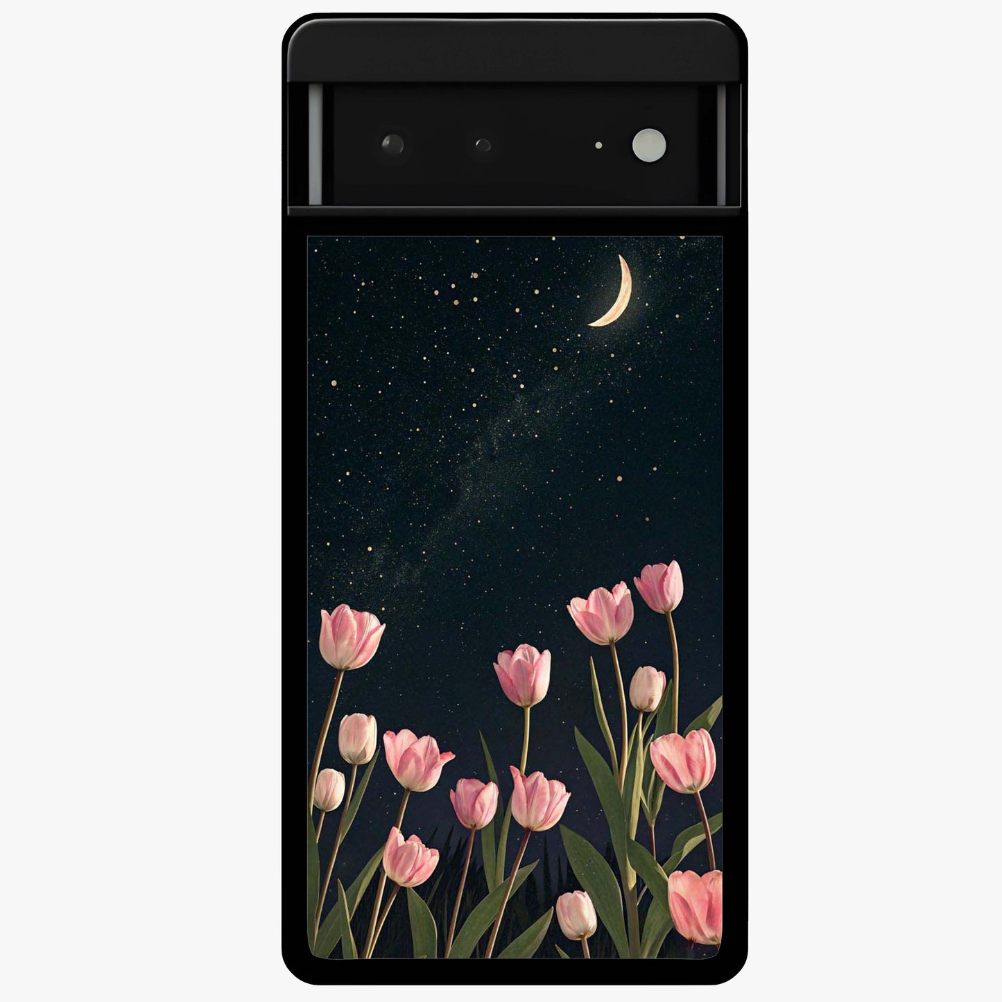 Midnight Tulip Whispers Vibe Glass Case showing flat back view with elegant tulip flower artwork and glossy glass finish.