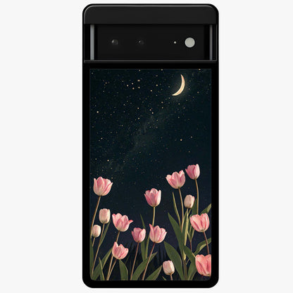 Midnight Tulip Whispers Vibe Glass Case showing flat back view with elegant tulip flower artwork and glossy glass finish.