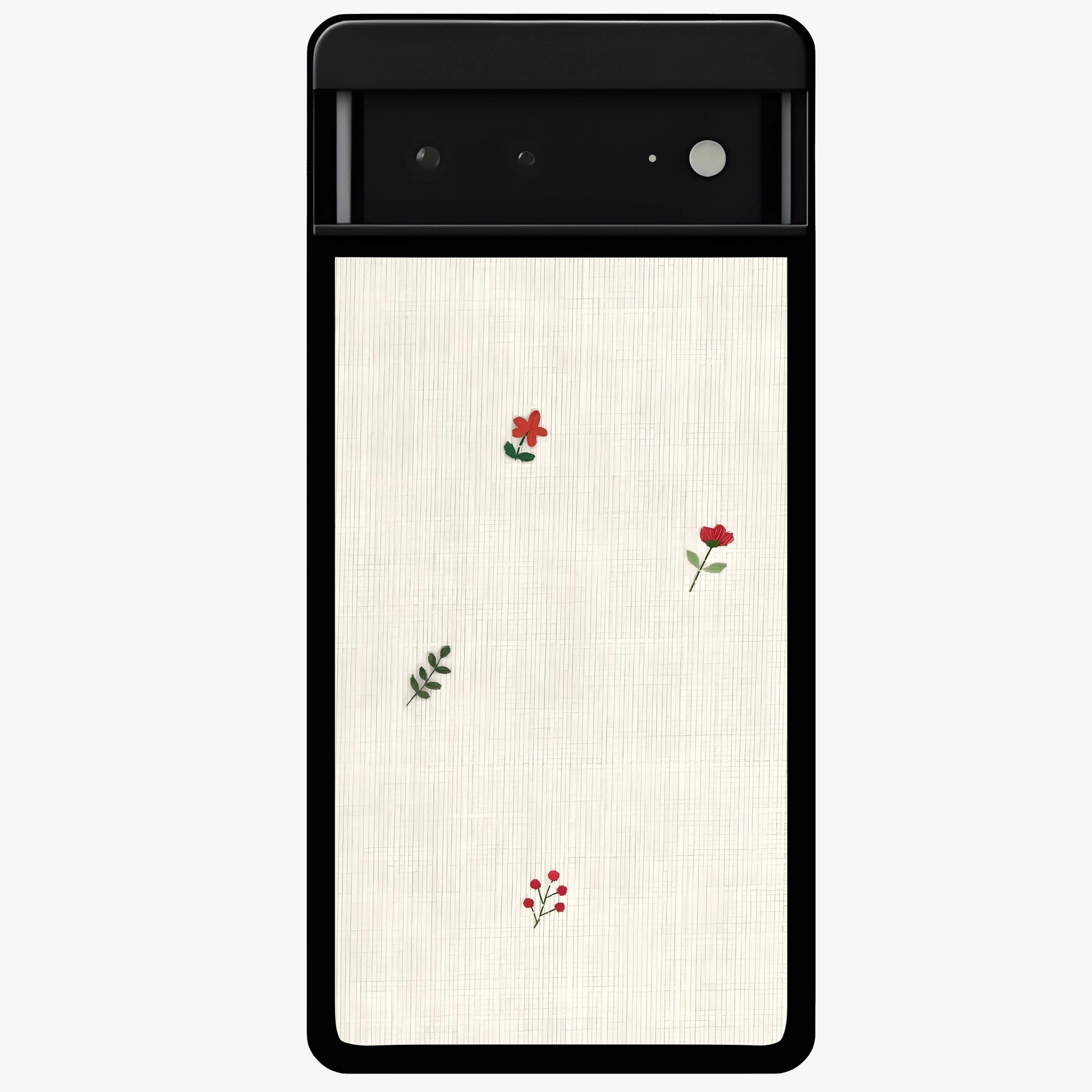 Minimal Petal Whispers Glass Case showing flat back view with soft minimal floral artwork and glossy glass finish.