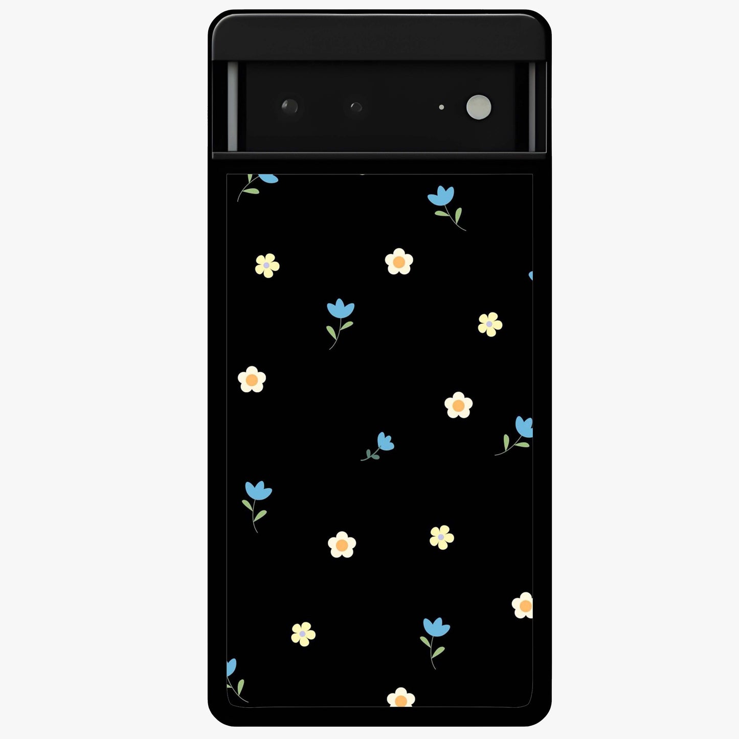 Minimalistic Blue With White Flower Pattern Glass Case showing flat back view with blue background and white flower pattern and glossy glass finish.