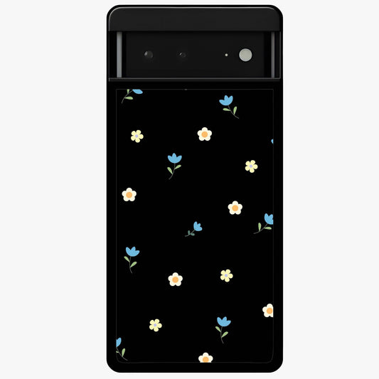 Minimalistic Blue With White Flower Pattern Glass Case showing flat back view with blue background and white flower pattern and glossy glass finish.