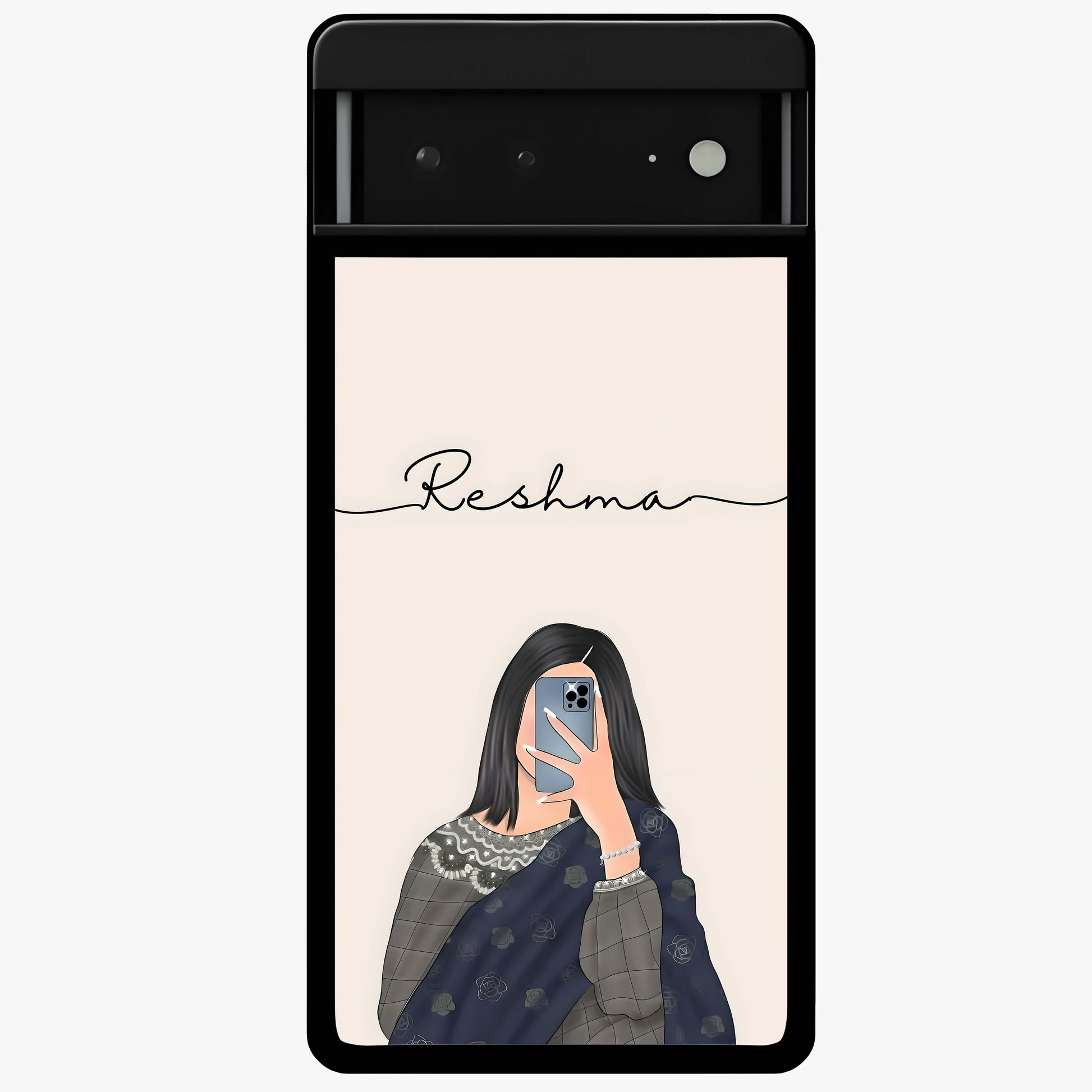 Mirror Mood Muse With Custom Name Glass Case showing flat back view with stylish mirrored artwork and personalized name design.