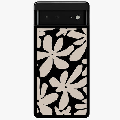 Monochrome Petal Dance Glass Case showing flat back view with monochrome floral artwork and glossy glass finish.