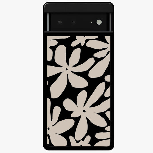 Monochrome Petal Dance Glass Case showing flat back view with monochrome floral artwork and glossy glass finish.
