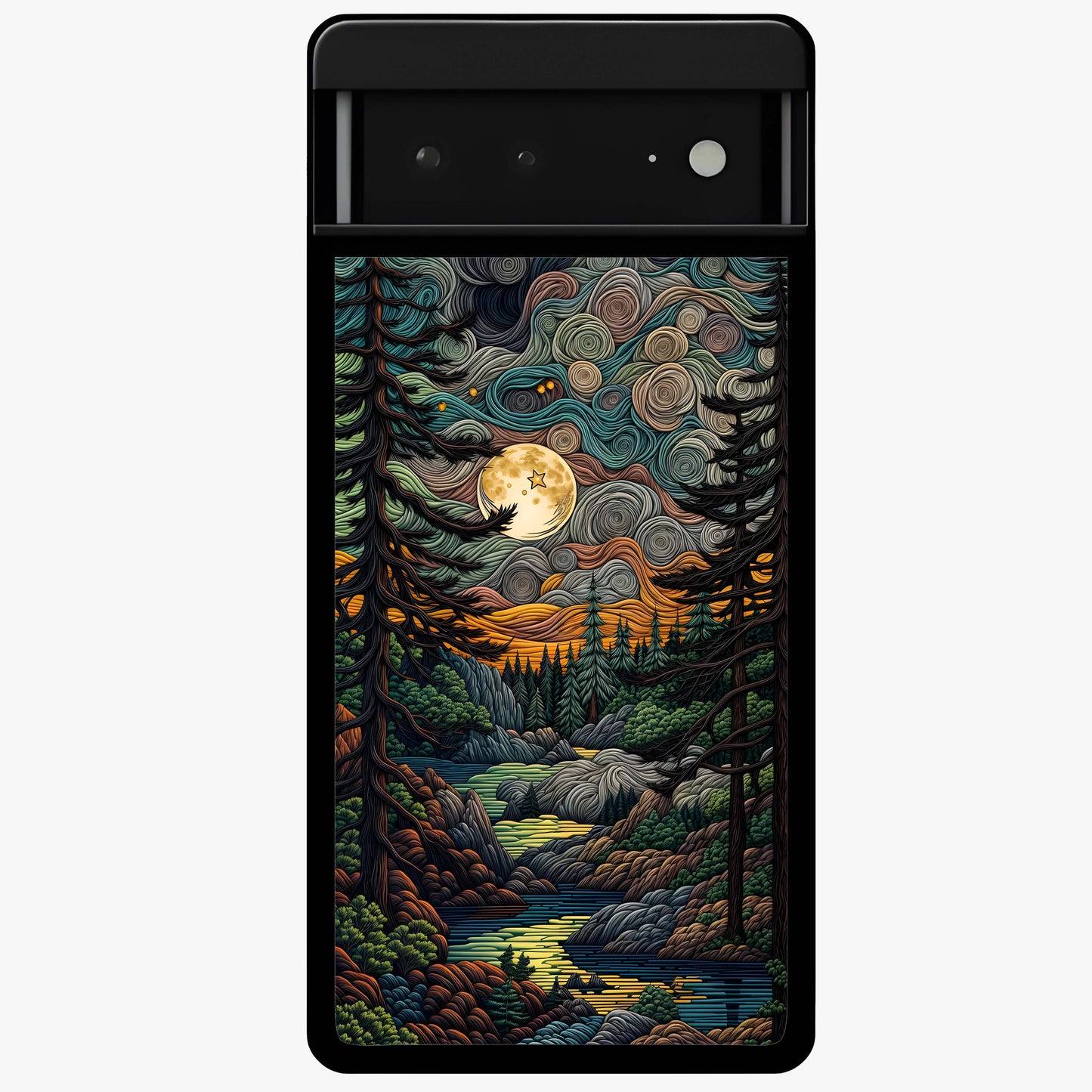 Moonlight Forest Dream Glass Case showing flat back view with mystical forest moonlight artwork and glossy glass finish.