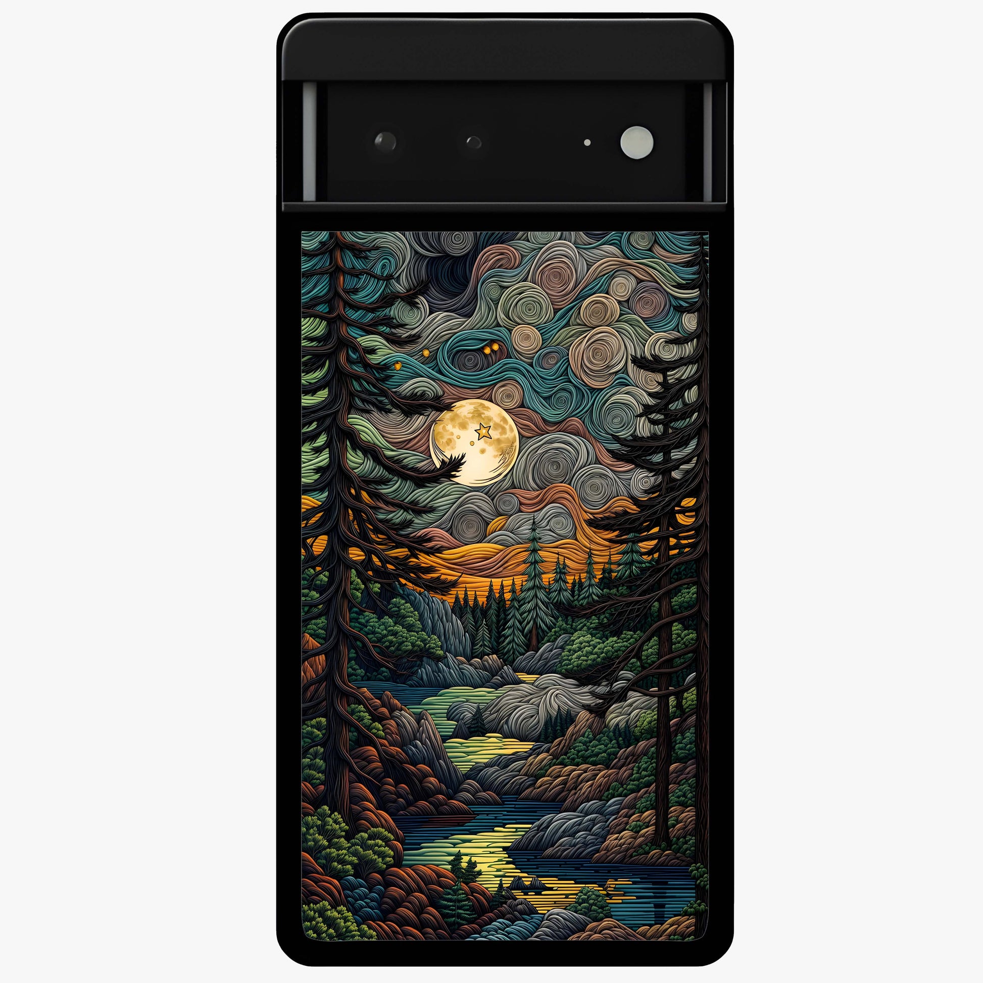 Moonlight Forest Dream Glass Case showing flat back view with mystical forest moonlight artwork and glossy glass finish.