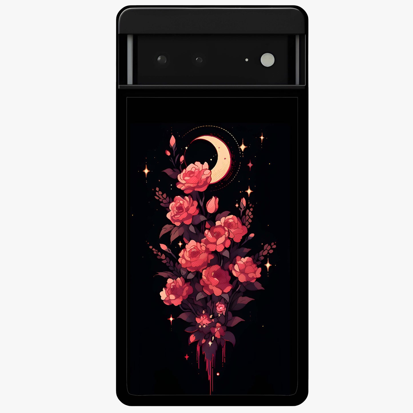 Moonlit Floral Elegance Glass Case showing flat back view with elegant floral artwork under moonlit tones and glossy glass finish.