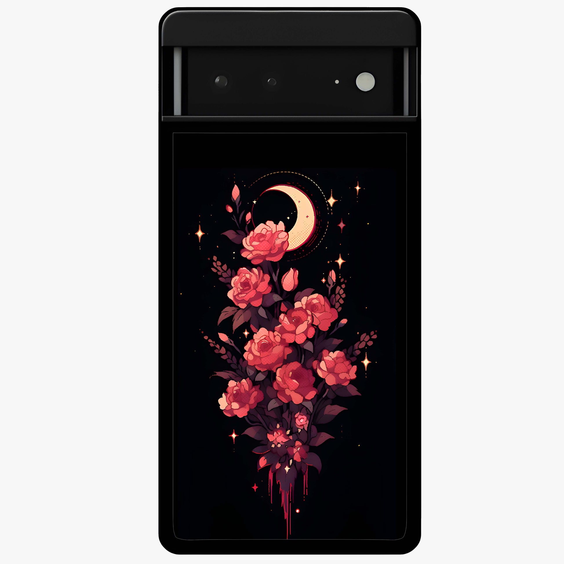 Moonlit Floral Elegance Glass Case showing flat back view with elegant floral artwork under moonlit tones and glossy glass finish.
