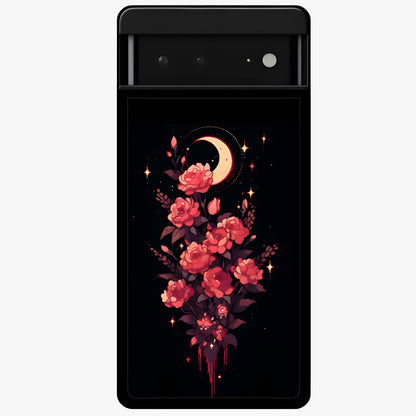 Moonlit Floral Elegance Glass Case showing flat back view with elegant floral artwork under moonlit tones and glossy glass finish.
