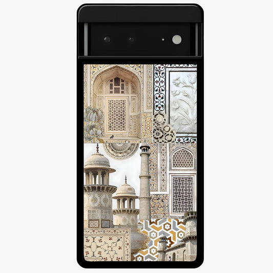 Mughal Marble Legacy Glass Case showing flat back view with intricate Mughal inspired marble pattern and glossy glass finish.