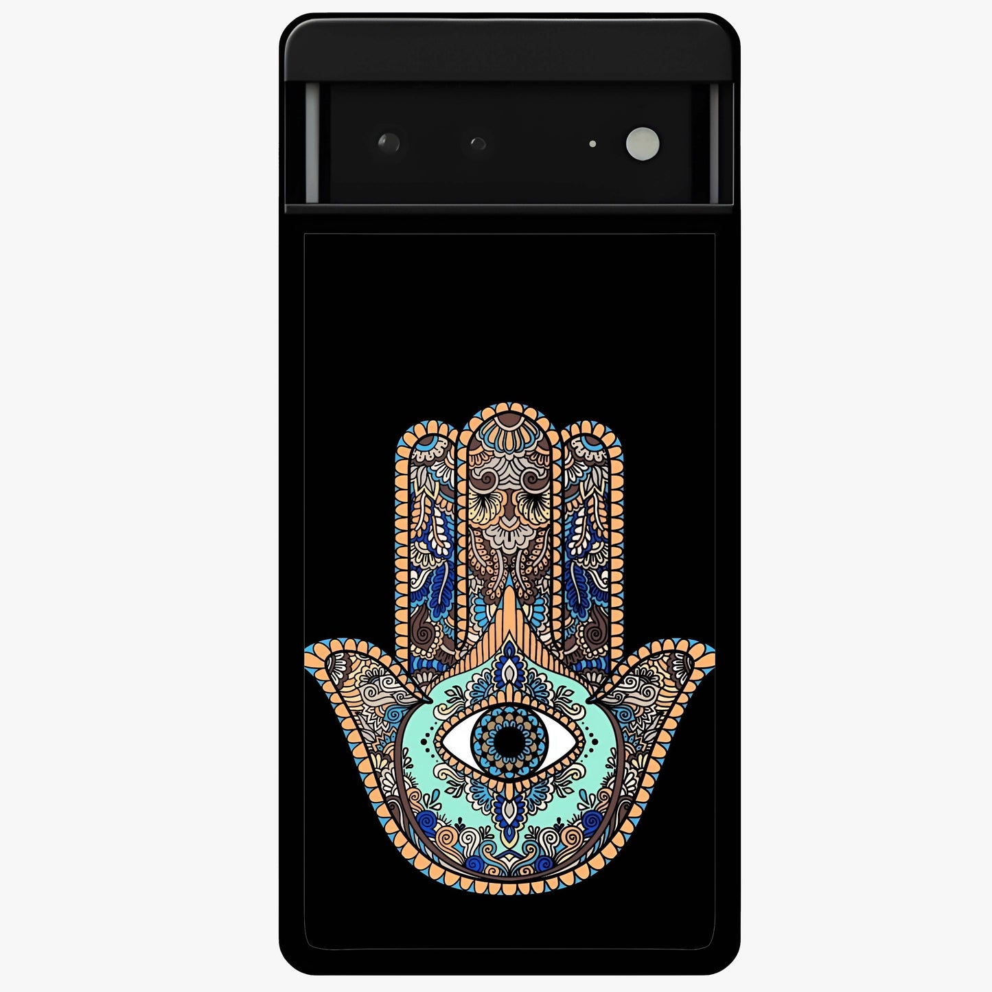 Mystic Hamsa Eye Glass Case showing flat back view with protective hamsa hand and evil eye artwork and glossy glass finish.