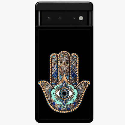 Mystic Hamsa Eye Glass Case showing flat back view with protective hamsa hand and evil eye artwork and glossy glass finish.