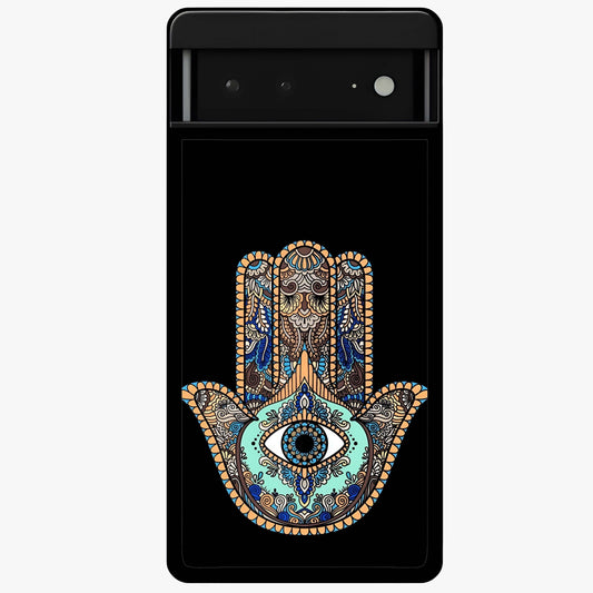 Mystic Hamsa Eye Glass Case showing flat back view with protective hamsa hand and evil eye artwork and glossy glass finish.