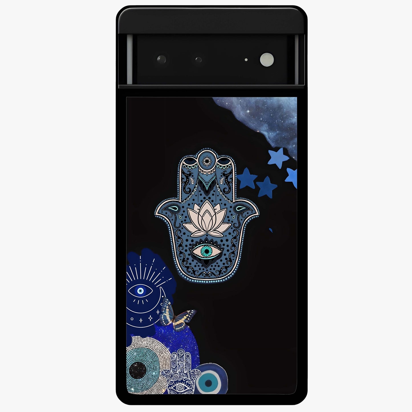 Mystic Hand Aura Glass Case showing flat back view with mystical hand symbol artwork and glossy glass finish.