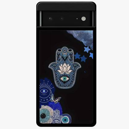 Mystic Hand Aura Glass Case showing flat back view with mystical hand symbol artwork and glossy glass finish.
