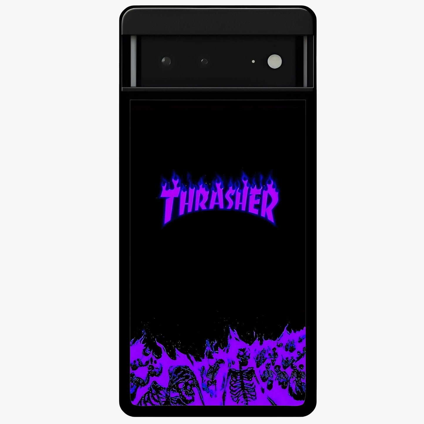 Neon Flame Riot Glass Case showing flat back view with neon flame artwork and glossy glass finish.