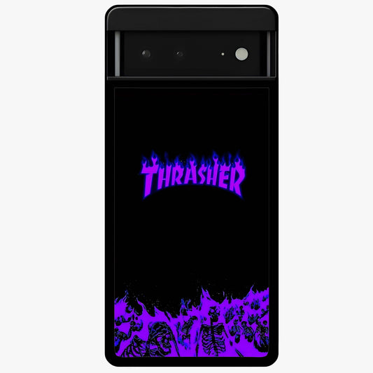 Neon Flame Riot Glass Case showing flat back view with neon flame artwork and glossy glass finish.