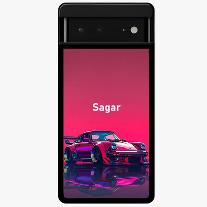 Neon Pink Porsche Glass Case showing flat back view with stylish sports car artwork and glossy glass finish.