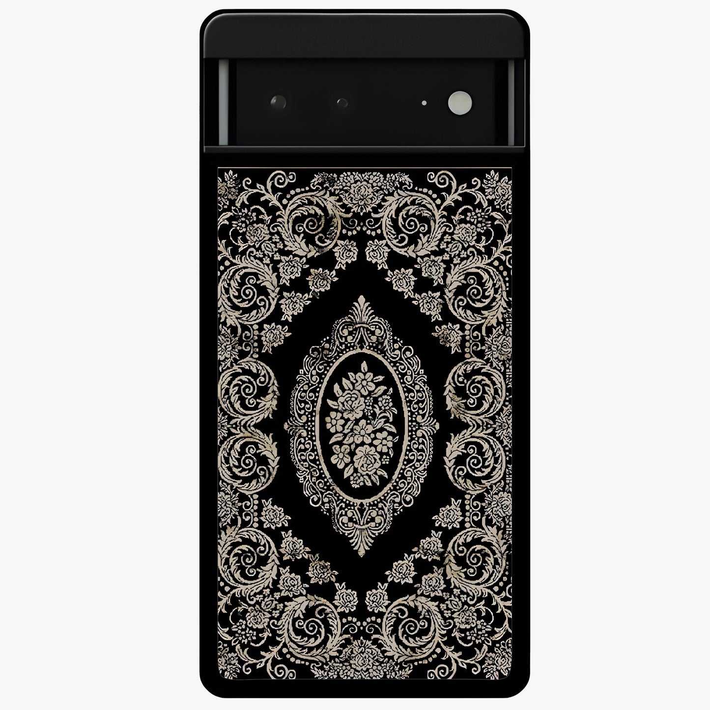 Noir Bloom Elegance Glass Case showing flat back view with elegant dark floral artwork and glossy glass finish.