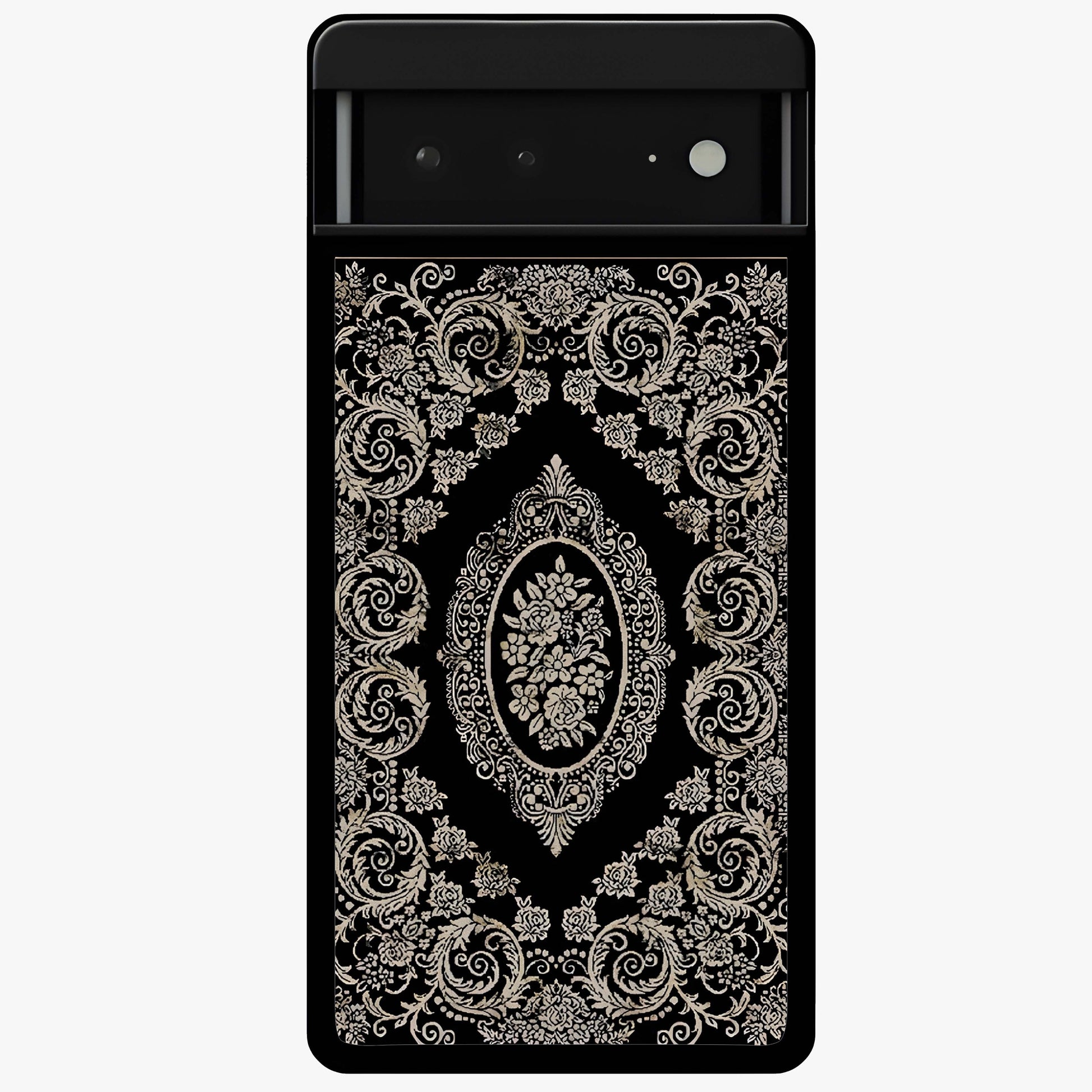 Noir Bloom Elegance Glass Case showing flat back view with elegant dark floral artwork and glossy glass finish.