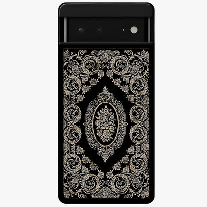 Noir Bloom Elegance Glass Case showing flat back view with elegant dark floral artwork and glossy glass finish.