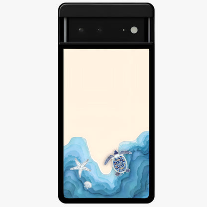 Ocean Drift Turtle Glass Case showing flat back view with sea turtle artwork and glossy glass finish.