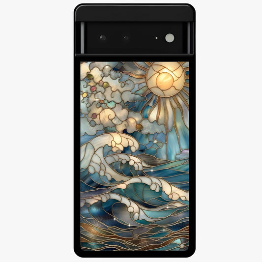 Oceanic Stained Printed Glass Case showing flat back view with ocean inspired stained pattern artwork and glossy glass finish.