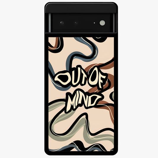 Out Of Mind Glass Case showing flat back view with expressive typography artwork and glossy glass finish.
