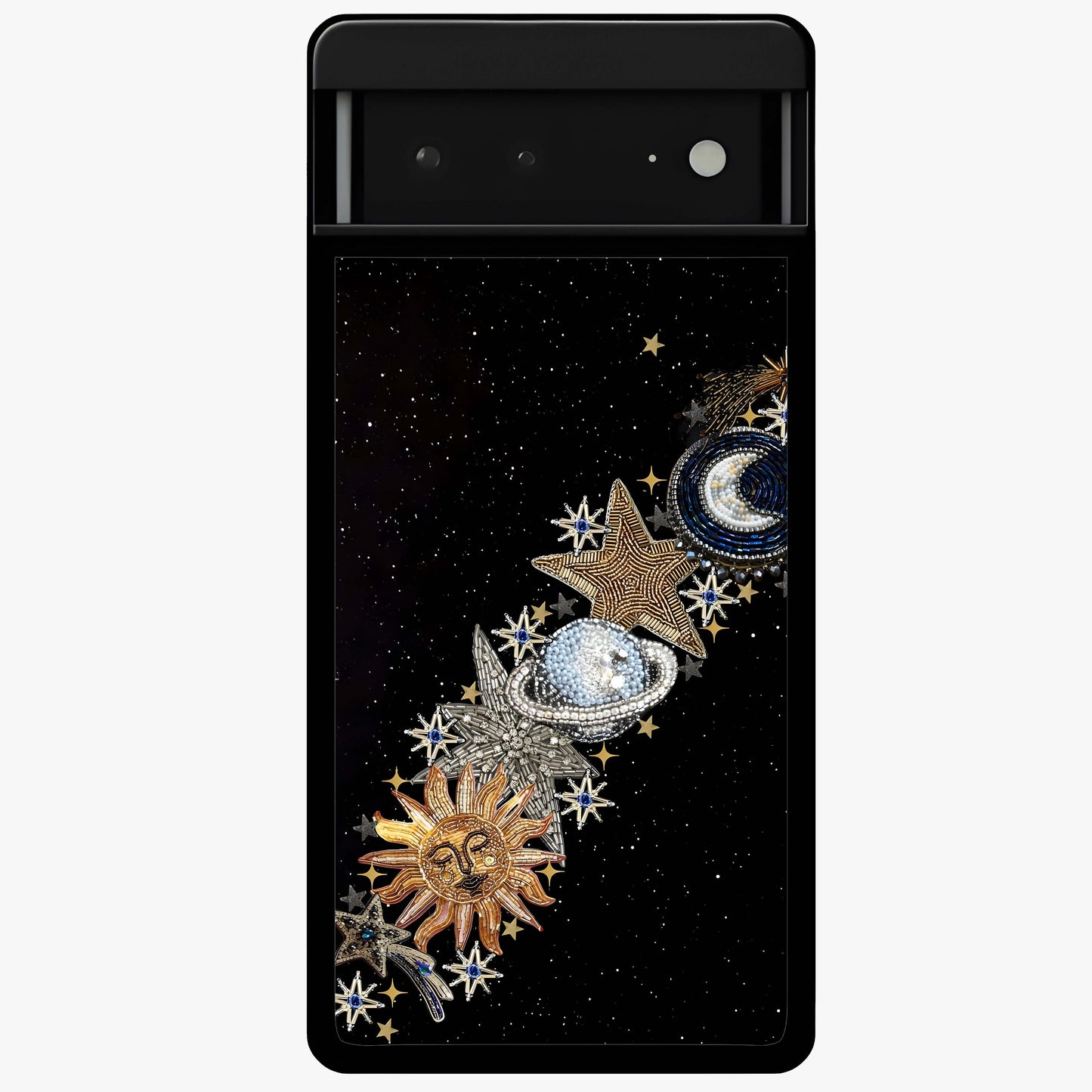 Pearls Universe Object Glass Case showing flat back view with pearl inspired cosmic artwork and glossy glass finish.