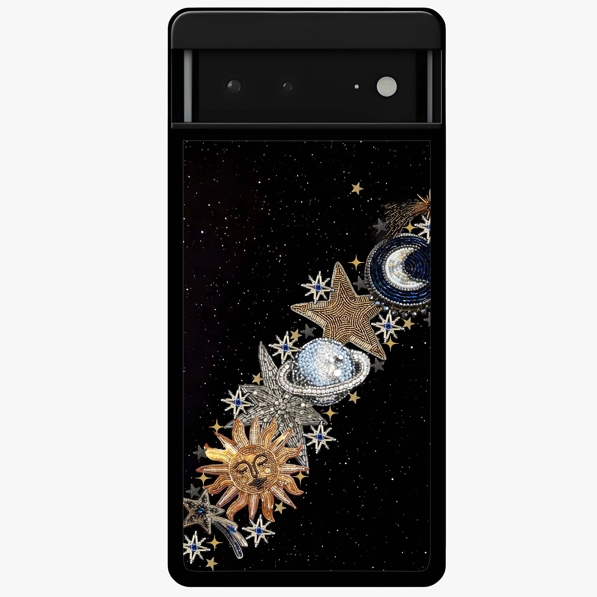 Pearls Universe Object Glass Case showing flat back view with pearl inspired cosmic artwork and glossy glass finish.