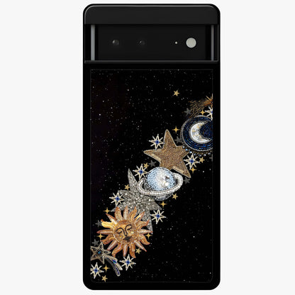 Pearls Universe Object Glass Case showing flat back view with pearl inspired cosmic artwork and glossy glass finish.