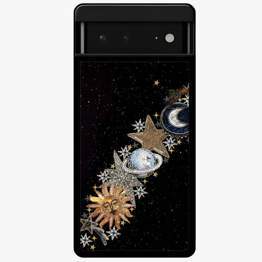 Pearls Universe Object Glass Case showing flat back view with pearl inspired cosmic artwork and glossy glass finish.