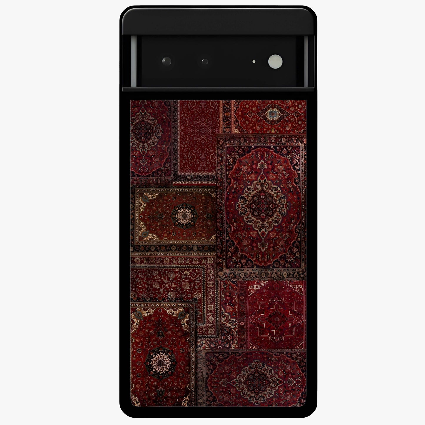 Persian Velvet Tale Glass Case showing flat back view with luxurious Persian velvet pattern artwork and glossy glass finish.