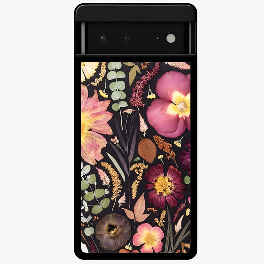 Petal Dream Tapestry Glass Case showing flat back view with intricate floral tapestry artwork and glossy glass finish.