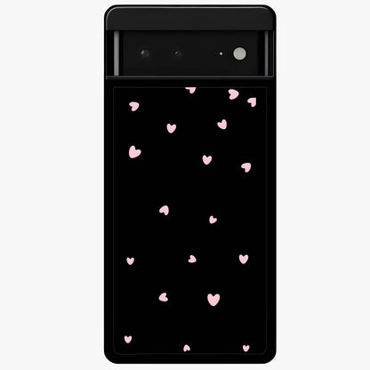 Pink Love Drops Glass Case showing flat back view with playful pink heart drops artwork and glossy glass finish.