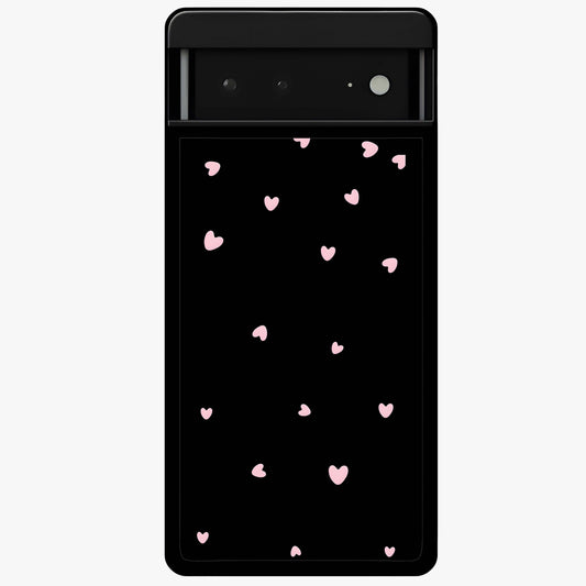 Pink Love Drops Glass Case showing flat back view with playful pink heart drops artwork and glossy glass finish.