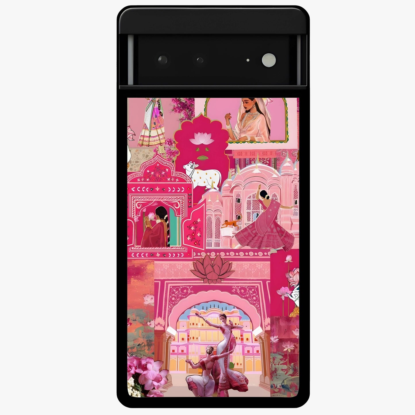 Pink Palace Muse Glass Case showing flat back view with elegant palace inspired artwork and glossy glass finish.