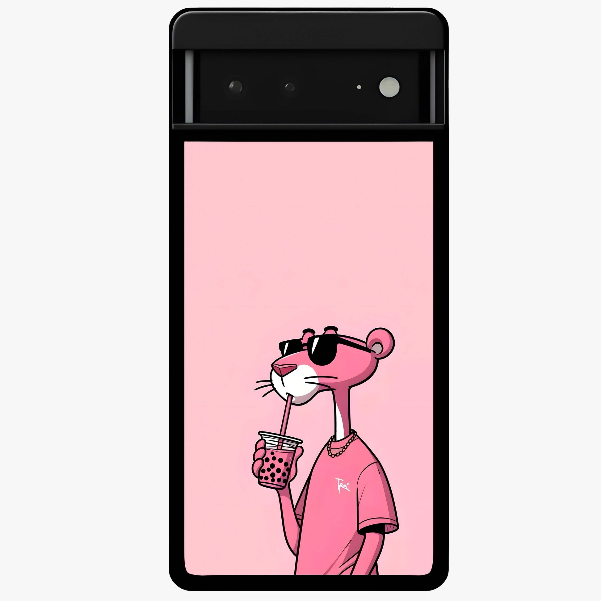 Pink Panther Glass Case showing flat back view with iconic pink panther artwork and glossy glass finish.