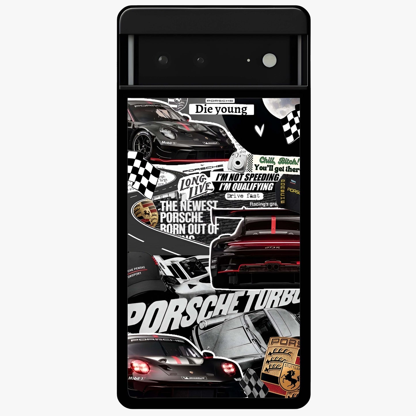 Porsche Racing Collage Glass Case showing flat back view with sports car racing collage artwork and glossy glass finish.