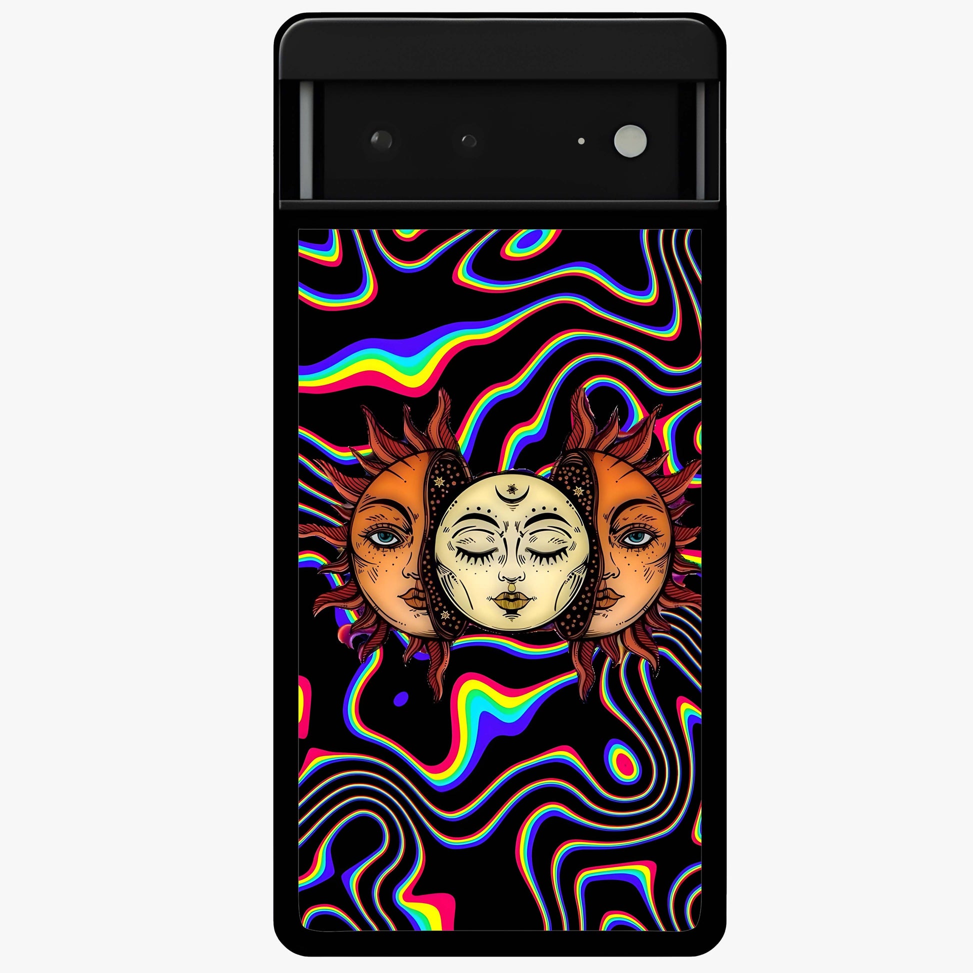 Psychedelic Sun Glass Case showing flat back view with colorful psychedelic sun artwork and glossy glass finish.