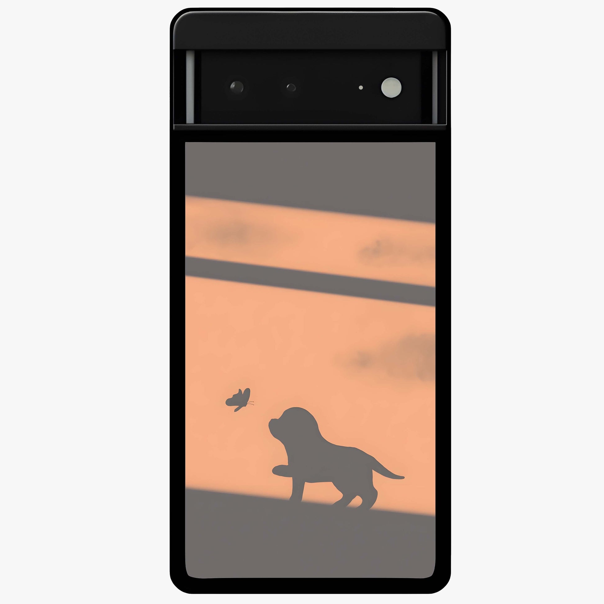 Puppy Shadow Art Glass Case showing flat back view with cute puppy shadow style artwork and glossy glass finish.
