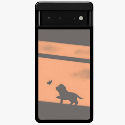 Puppy Shadow Art Glass Case showing flat back view with cute puppy shadow style artwork and glossy glass finish.