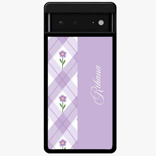Purple Diamond Floral Glass Case showing flat back view with diamond shaped floral artwork and glossy glass finish.