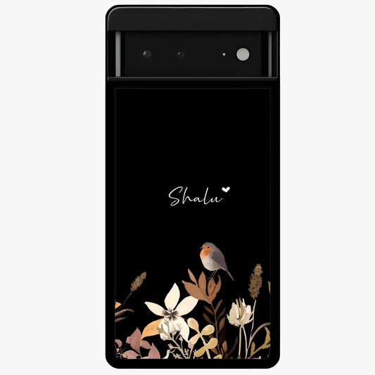 Quiet Garden Tune Custom Name Glass Case showing flat back view with peaceful garden artwork and personalized name design.