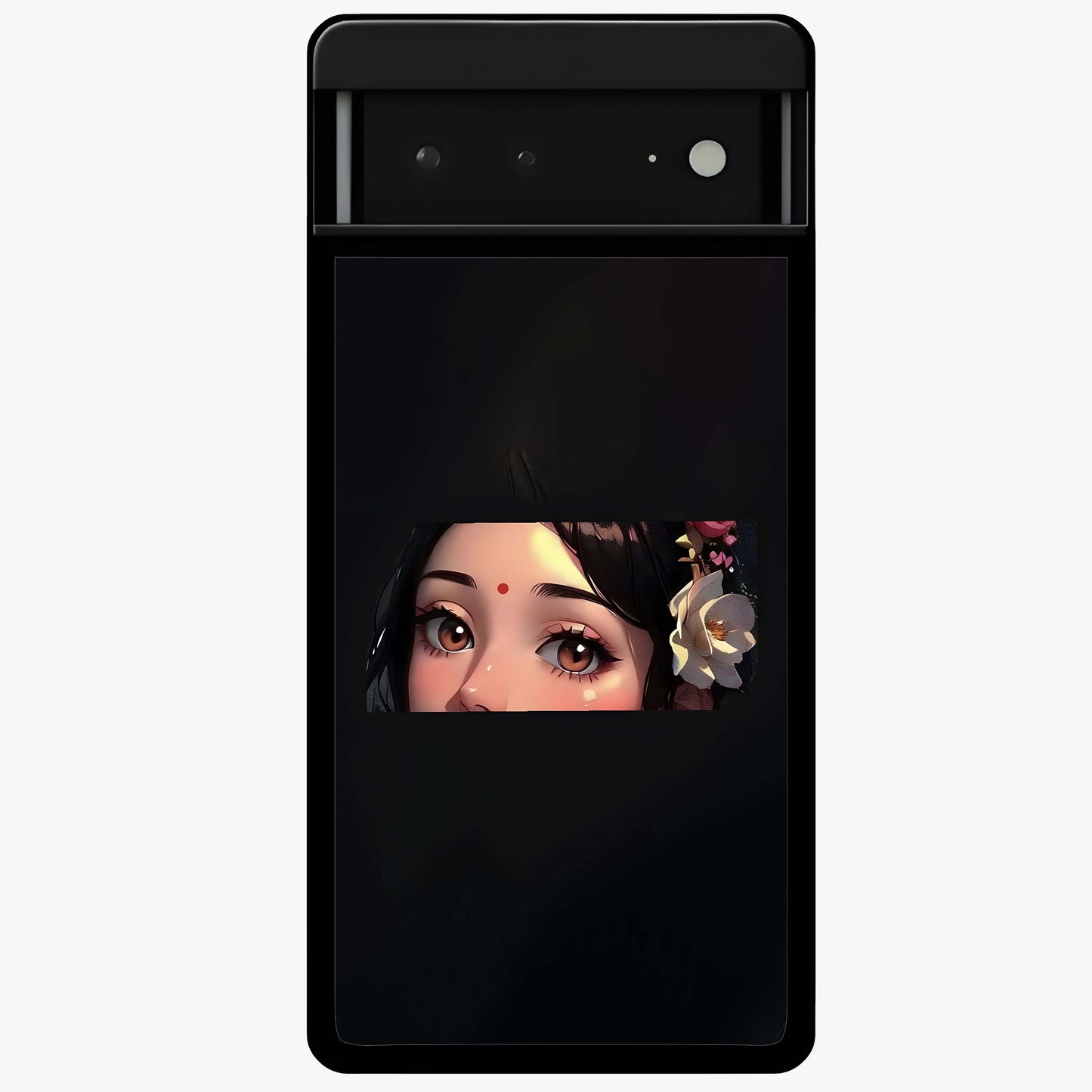 Radha Divine Embrace Glass Case showing flat back view with devotional Radha artwork and glossy glass finish.