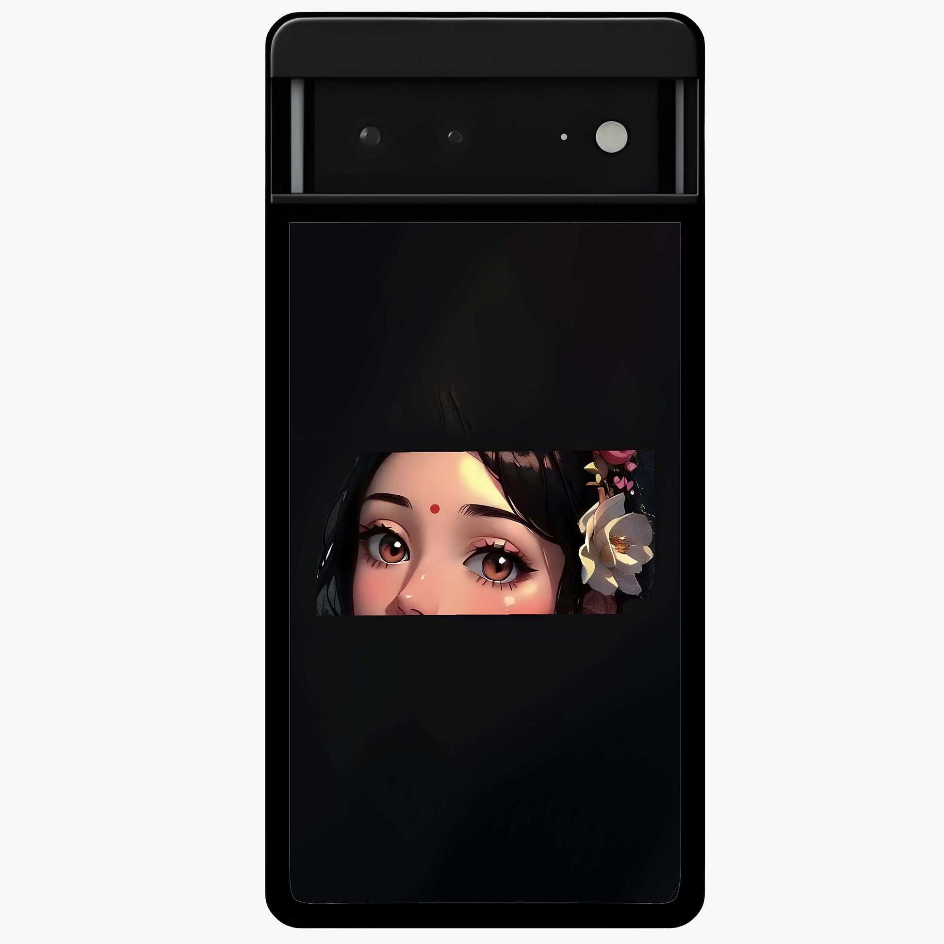 Radha Divine Embrace Glass Case showing flat back view with devotional Radha artwork and glossy glass finish.
