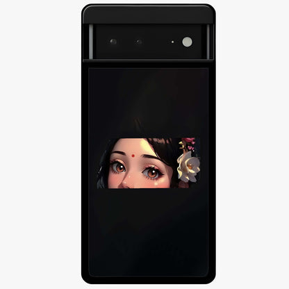 Radha Divine Embrace Glass Case showing flat back view with devotional Radha artwork and glossy glass finish.